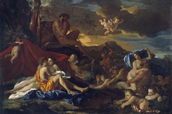 Classical painting of pairs of people reclining on the ground with cherubs flying overhead