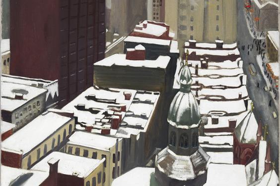 A stylised painted view of New York, painted from a high viewpoint looking down on the snow-covered roofs of buildings.