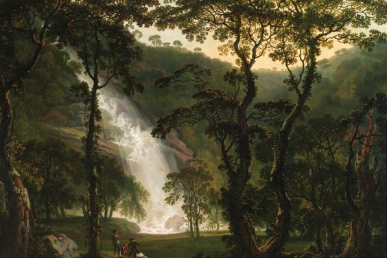 A painting showing the waterfall at Powerscourt Estate, Co. Wicklow through trees. In the left foreground of the painting, we can see some figures who are dwarfed by the grandeur of the waterfall.  