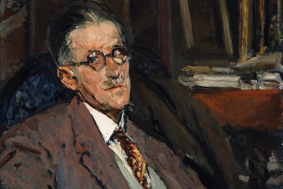 Detail of an oil portrait of James Joyce sitting in an armchair