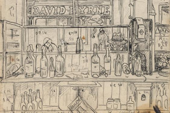 Pencil sketch of bottles and objects behind a bar