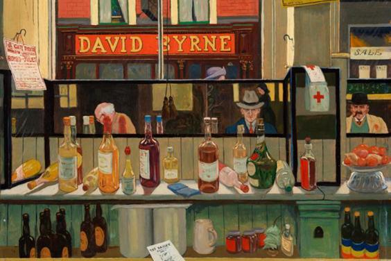 View of bottles and objects behind a bar with customers reflected in a mirror and a shop sign reading David Byrne visible through the window