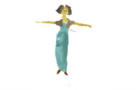Watercolour of woman in a green dress standing with her arms out perpendicular to her body.