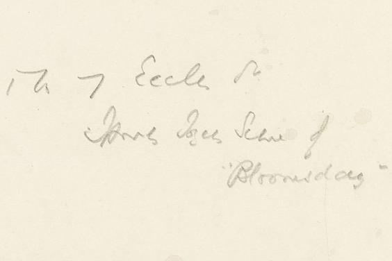Flora Mitchell's inscription on her drawing which reads 7 Eccles St, James Joyce [indecipherable] of "Bloomsday"