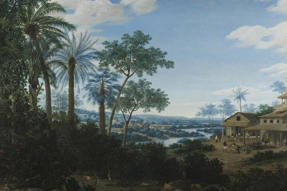 An oil painting of a Brazilian landscape with Brazilian animals in the foreground, and sugar mill buildings in the middleground with enslaved people working.