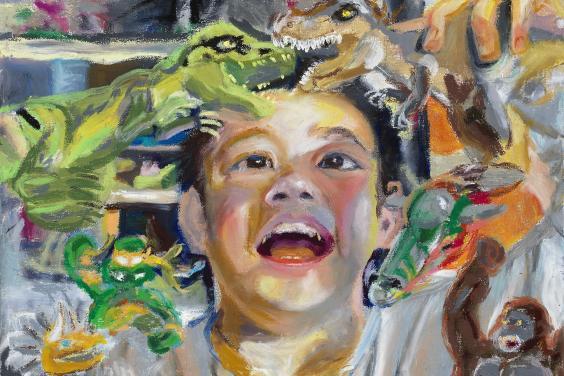 An oil painting of a small child surrounded by toys with a look of joy on his face. Above his head he holds out two plastic dinosaurs, doing battle. 