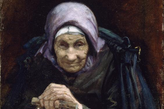 A painting of an elderly woman, a fisherman's mother, wearing a purple headscarf and leaning both hands on a walking stick.