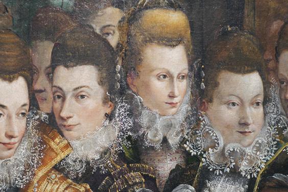 Detail of Lavinia Fontana's painting showing a group of eight women wearing lace ruffs