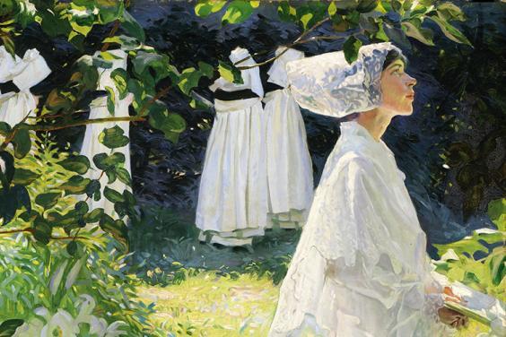 Detail from Leech's painting of a nun in profile in a lush garden with four nuns half visible in the background