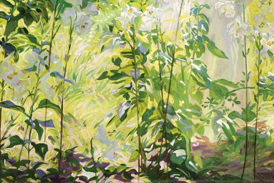 Close up of white flowers and lush green foliage in Leech's painting