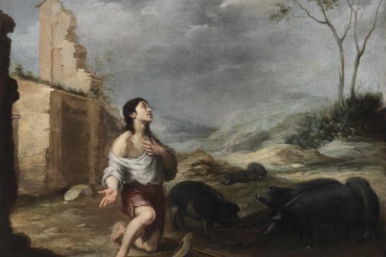 Oil painting of the Prodigal Son feeding swine