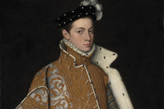 Three-quarter length portrait in oil of a young man wearing an elaborate embroidered cape, ruff and cap, and holding a sword.