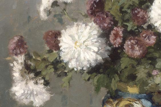 Detail of white and pink chrysanthemums in Pissarro's painting