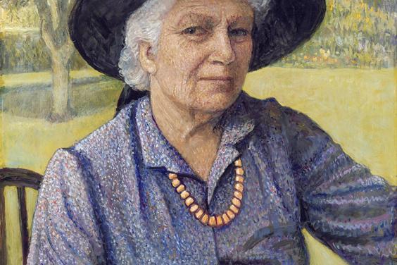 A painted self-portrait of a grey-haired woman, dressed in a purple dress and black broad-brimmed hat, seated outdoors and holding a palette.