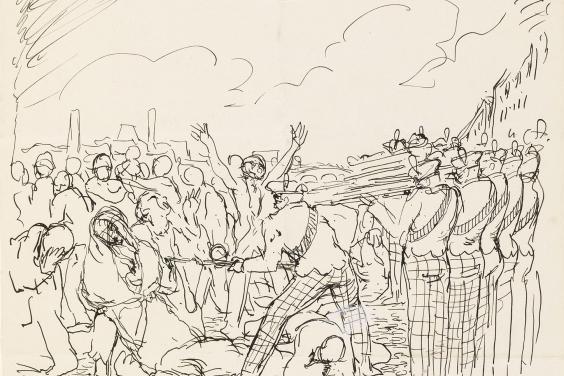 Sketchy line drawing of uniformed soldiers shooting into a crowd of people