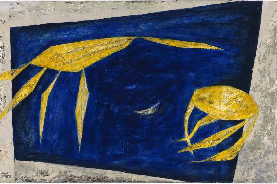 Stylised, semi-abstract painting of yellow crabs against a blue and grey background.