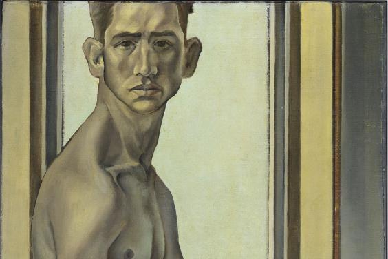 A naked man sits on a chair, in front of a window. He is turned to the side, but his face is turned to look directly at the viewer.