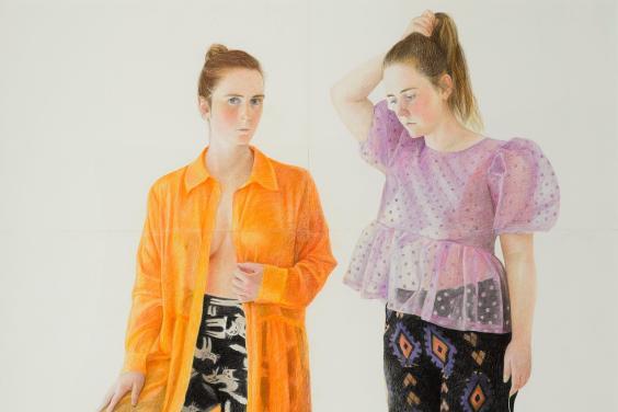 Drawing of two female figures, one wearing an orange dress and one wearing a purple top on a white background