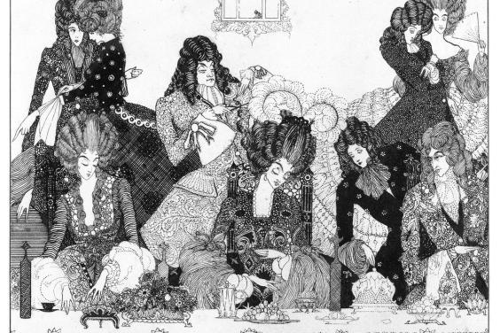Black and white illustration of a group of people at a party or banquet