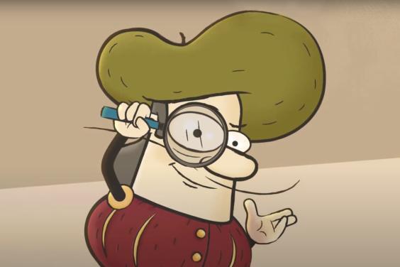 A cartoon character called Cozimo wearing a Renaissance-style outfit and holding a magnifying glass to his eye