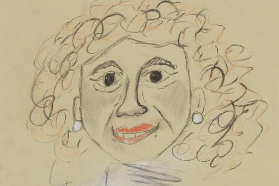 Child's drawing of a half-length portrait of a woman with curl hair with her hands clasped beneath her chin