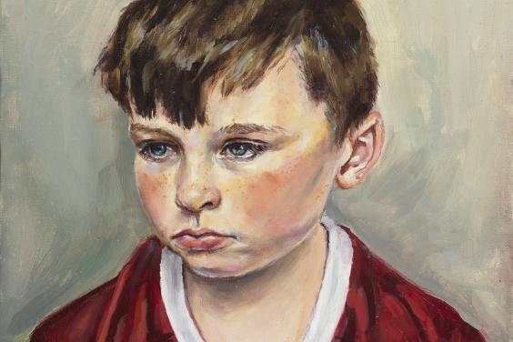 A drawing of a young boy with brown hair. He looks solemnly to the side, wearing a wine-coloured sports jersey with white collar and stripes on the sleeves