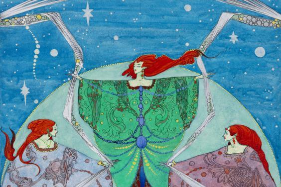 Harry Clarke's illustration of three elves dancing in the night sky