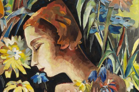 Detail from a painting of a female figure smelling flowers