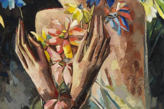 Detail from a painting of hands holding colourful flowers