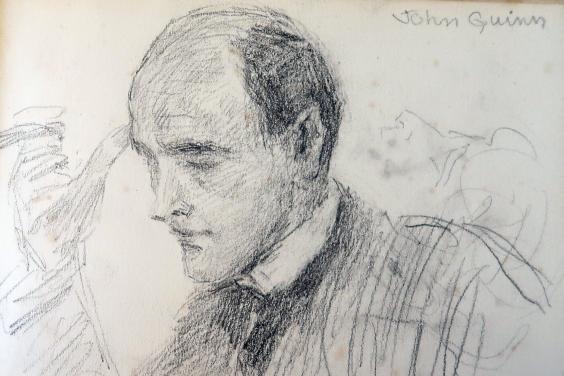 A pencil sketch of a man looking down in concentration with one hand to his forehead