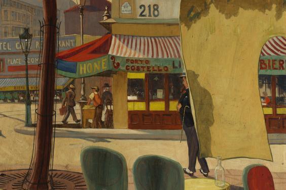 Detail from a painting of a cafe in a square in Paris