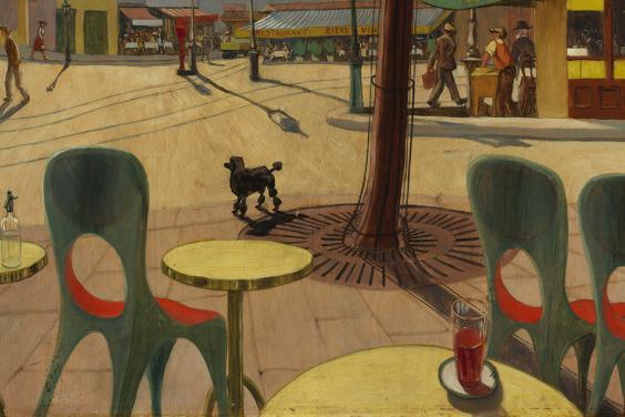 Detail from a painting of a black poodle walking across a square in Paris
