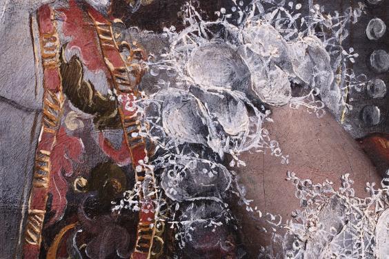 Detail of oil painting showing brushstrokes of lead white paint used in lace cuff