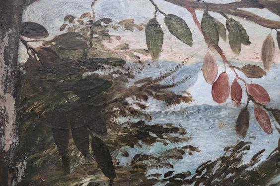 Detail of painting showing smalt pigment used in blue sky and green tree leaves