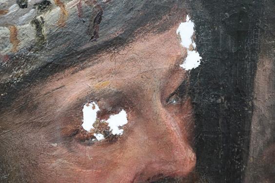 Close-up of King Solomon's head in Fontana's painting showing areas of loss before retouching