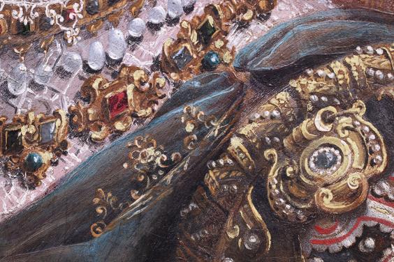Detail of oil painting showing intricate gold, jewels and pearls