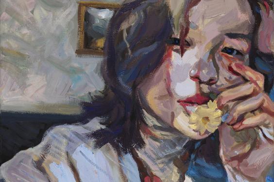 Expressive painted portrait of a young person with shoulder-length dark hair holding a yellow flower up to their mouth.