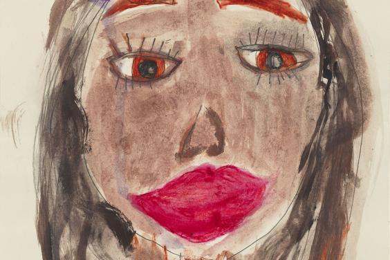 Child's painting of a bust-length portrait of a woman with dark hair and wearing a green top with purple spots