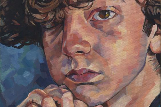 Close-up painted portrait of a young person with a mop of curly brown hair posing with their hands clasped under their chin
