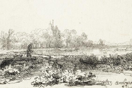 A detail from an etching by Rembrandt showing a large house on the horizon. In the foreground a figure stands by a body of water surrounded by grass and vegetation.