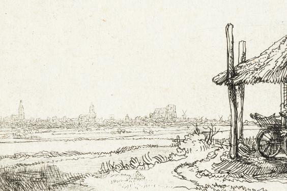 A detail from an etching by Rembrandt showing city on the horizon. To the right, a modest rural dwelling is visible, including the wheel of a cart.