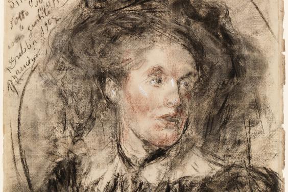 A charcoal sketch of a woman looking slightly over her shoulder. There are some white and red highlights on the sketch.