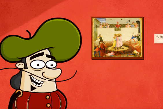 Cartoon of a Renaissance man standing in front of a renaissance painting