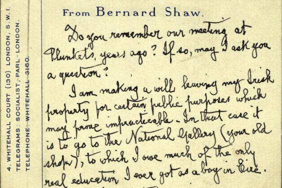 Handwritten text on a postcard from George Bernard Shaw to Thomas Bodkin.