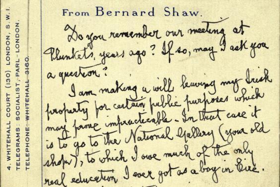 Detail of a handwritten postcard from G.B. Shaw to Thomas Bodkin