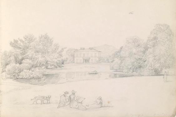 A pencil sketch of figures sitting on grass. In the background, we can see a large house flanked by trees
