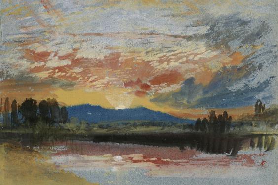 A watercolour painting of a sun setting over a landscape - lots of reds, yellows, blues and amber