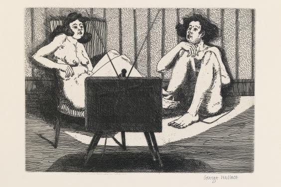 Two naked figures set looking at a television set in front of them, which illuminates them