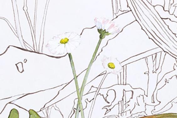 Detail of Yanny Petters' painting showing daisies