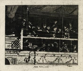 Black and white etching of people in the gallery of a theatre looking down.